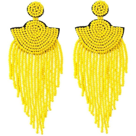 Long Boho Yellow Beaded Tassel Fringe Dangling Drop Fan Chandelier Post Earrings - Picture 1 of 7